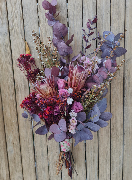 Dried wildflower bouquet with preserved eucalyptus gum foliage. Gift wrapped dried flower bouquet Perth.  