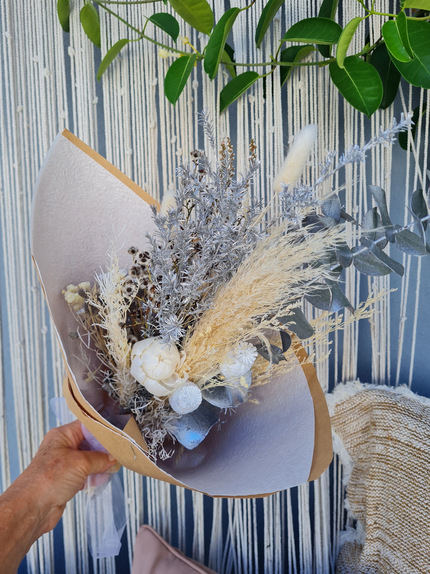 Dried flower bouquet with neutral colour long lasting flowers.  Gift wrapped dried flowers Perth 
