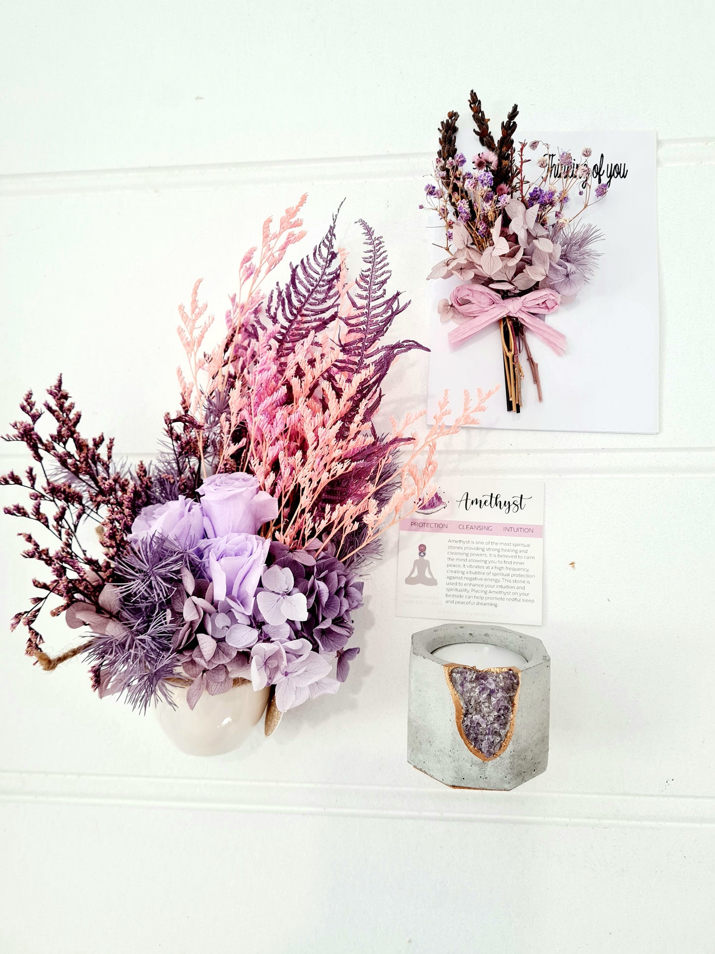Dried flower gift box with amethyst crystal candle holder. Purple dried flower gift box, shipping available.