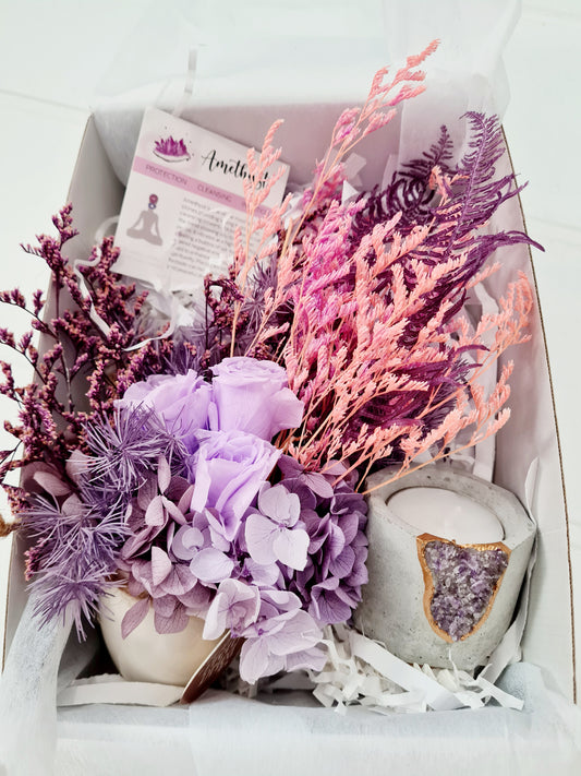 Dried flower gift box with amethyst crystal candle holder. Purple dried flower gift box, shipping available.  