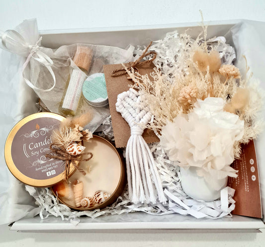Dried flower gift box idea with locally made scented soy candle and   essential oil perfume and lip balm.  Gift boxed and shipping options available .
