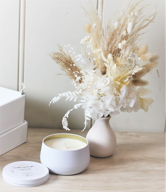 Soy scented candle with preserved posy of flowers with mini vase. Gift boxed and shipping available 